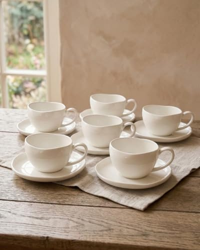 BAVARY Capital Tasse A Cafe 120ml Avec Soucoupes, 12 Pcs (6 pers.) - Design Blanc Ondulé/Anse Ovale - Tasse A The En Porcelaine - Tasse Cafe Et Tasse Cappuccino - Service A Cafe Lave-vaisselle OK