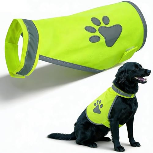 HREDZEO Reflective Dog Vest High Visibility Fluorescent Yellow Paw Print Adjustable Service Jacket for Dog in Training Assistance Dog Night Walking Hiking Safety Gear M