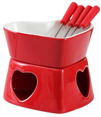 Set Mini Olla Fondue en Forma de Corazón 320ML para Queso y Chocolate (Rojo) (B)