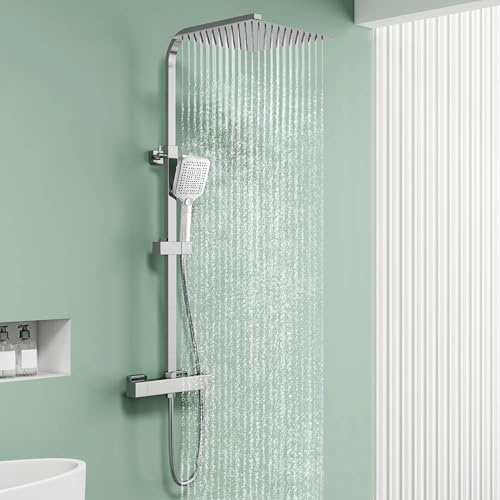 AICA Ensemble de Colonne de Douche Thermostatique pour Salle de Bain, avec pommeau de douche 30x30 cm,Robinet de Douche Thermostatique, Laiton, Chromé, Hauteur Réglable 725 mm-1175 mm (Carré 1)