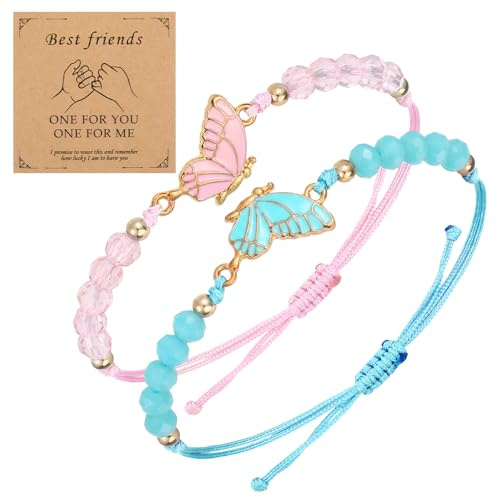 Nogeqi Lot de 2 bracelets d'amitié, bracelets assortis papillon, bracelets d'amitié, bracelets d'amitié, bracelets d'amitié, bracelets d'amitié pour meilleurs amis, bijoux aa (rose bleu)