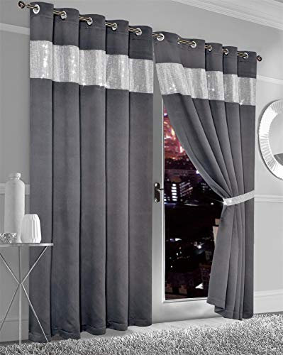Olivia Rocco Diamante Blackout Eyelet Curtains With Tie Backs Black Out Thermal Ring Top Curtain Pair Window Dressing, 66 (Width) x 54 (Drop) Charcoal