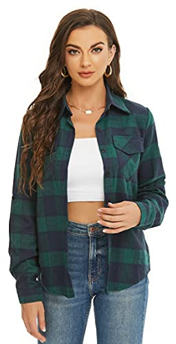 Ietaoo Camicetta Donna Camicia a Quadri Cotone Elegante Blusa Maniche Lunghe Casual Boyfriend Camicie Flanella Shirt Verde Navy XL