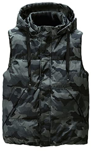 Icegrey Gilet da Uomo Piumino Senza Maniche con Cappuccio Staccabile Inverno Antivento Giacche Caldo, Verde mimetico, 6XL