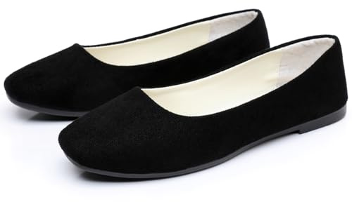 Hwalleum Women's Casual Square Toe Ballet Flats Ladies Stylish Slip On Ballerina Flats Girls Fashionable Solid Color Ballet Pumps Dolly Shoes Womens Comfy Office Driving Flat Shoes Loafers Black