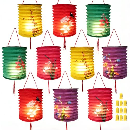 10PCS Chinese New Year Decorations 2026 Chinese Japanese Paper Lanterns with LED Lights 16cm Decorative Hanging Lanterns for Lunar New Year Spring Festival Asian Hibachi Home Restaurant Decoration
