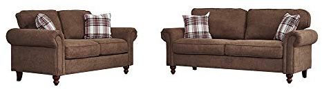 Panana French Country Retro Design 2 Seater and 3 Seater Fabric Sofa Couch Settee Living Room Sofa, With 2 Free Cushions (Brown, 2 Seater + 3 Seater)