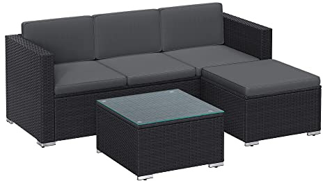 SONGMICS Gartenmöbel-Set, Balkonmöbel aus PE-Polyrattan, Terrassenmöbel, Ecksofa, Outdoor, handgeflochtenes Rattan, Lounge-Set, mit Kissen und Glastisch, schwarz-grau GGF005B04