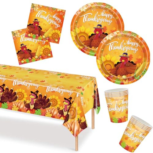 Vaisselle de Fête Thanksgiving,Ensemble Vaisselle de Fête D'anniversaire,Automne Party Supplies,Dinde Plaques en Papier Serviettes,Tasses,Serviettes,Nappe de Table (Ensemble Vaisselle)