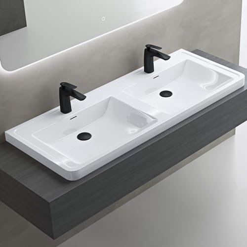 doporro Double Lavabo à Encastrer Blanc Vasque en Solid Surface Lave Mains Rectangulaire de Qualité pour Salle de Bain 120x48x14,5cm Colossum08
