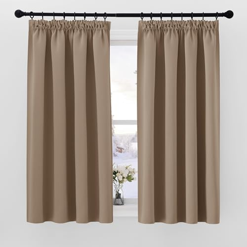 PONY DANCE Blackout Pencil Pleat Curtains, Cappuccino, W46 x L45, 2 Panels | Thermal Insulated Curtains with Noise Reducing & Privacy, Luxury Soft Window Treatment for Bedroom, Living Room & Kitchen