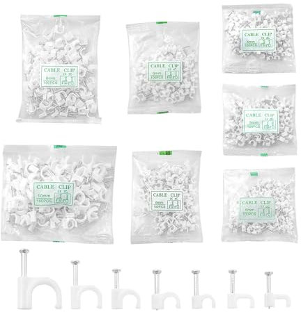 XNJIHWA 700 Piezas Clips de Pared Eléctrico Grapas para Cables Pared Grapas Cable Pared Acero Redondo Cables con Clavo Plano para Oficina Hogar,Blanco,4mm 5mm 6mm 8mm 10mm