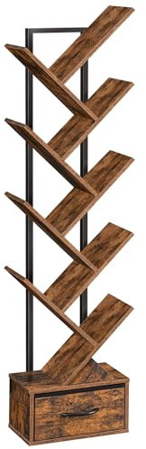 MAHANCRIS 142cm Bücherregal, Freistehendes Baumförmiges, Standregal 9 Ebenen, Bücherregal mit Schublade, DVD Regal, für Büro, Wohnzimmer, Schlafzimmer, Vintagebraun ABKHR7701