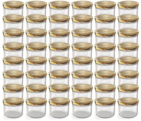 Oputec Lot de 48 bocaux de 230 ml avec couvercles à visser dorés – Parfaits pour les confitures, les confitures et plus encore, petits bocaux avec couvercle, idéal comme mini pots à confiture et