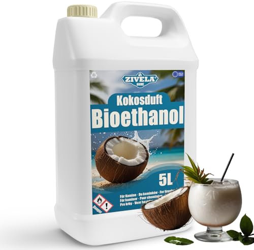 Bioetanol 96,6% 5L | Bio Alcohol Coco Aroma 96,6% 5L | Bioetanol para chimenea, chimenea de mesa, chimenea de bioetanol | Bioetanol Coco Aroma | Combustión limpia, sin humo, llama viva y estable