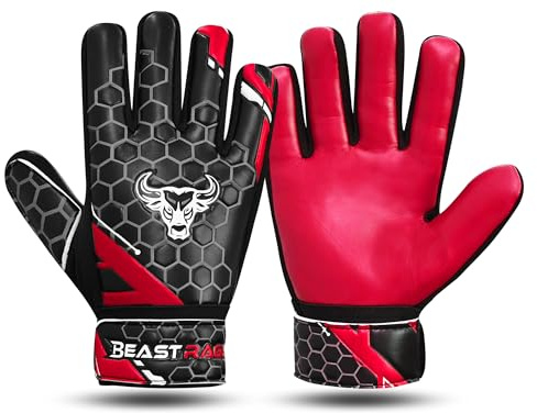 BEAST RAGE Guanti da portiere da calcio per ragazzi, guanti da portiere con forte presa per le parate più difficili, supporto al polso, palmo in lattice da 4 mm (Rosso, Taglia 3 adatta per bambini di