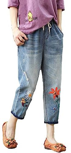 IQYU Pantaloni estivi da donna, a 7/8, a gamba dritta, jeans da donna, a 3/4, con stampa ricamata, pantaloni capri, leggeri, estivi, per attività all'aria aperta, boyfriend, jeans a tre quarti