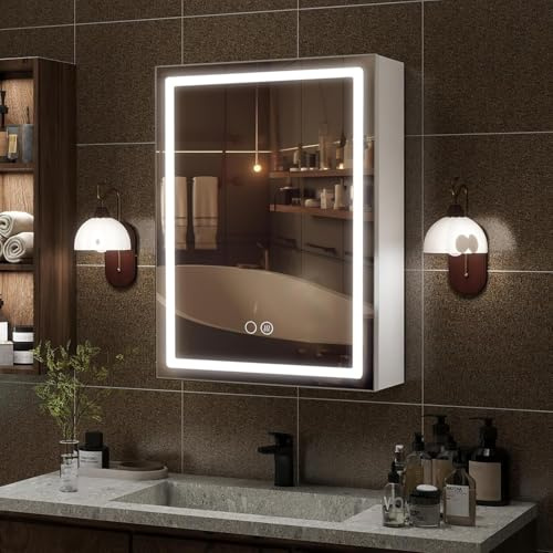 YU YUSING Specchio Bagno Contenitore con 3 Ripiani 50x70cm, Mobile Bagno Sospeso con Specchio a LED, Specchiera Bagno con Contenitore, Armadietto Bagno, 3 Modalità di Luce, Antiappannamento