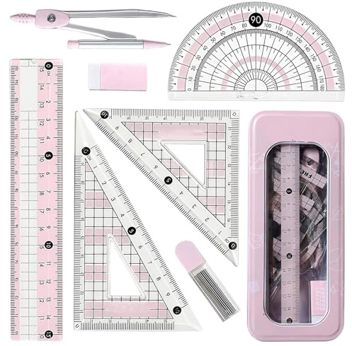 Protractor and Compass Set Pink, Geometry Set for Secondary School