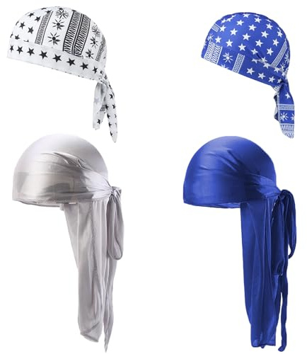 MLPKOI 4Pcs Durag de Seda, Elástico Envoltura de Cabeza con Cola Larga Correas Gorro Bandanas Piratas para Hombres y Mujeres Decoración Diaria de Hip-Hop