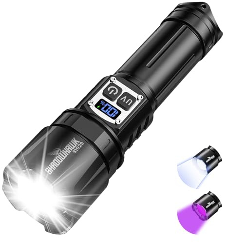 Shadowhawk Taschenlampe LED Aufladbar mit UV Schwarzlicht | Extrem Hell 1000000 Lumen, 2 Schalter & Stufenlos Dimmbare Taktische Taschenlampen, Zoombar Handlampe für Outdoor/Notfäll, Bequeme Bedienung