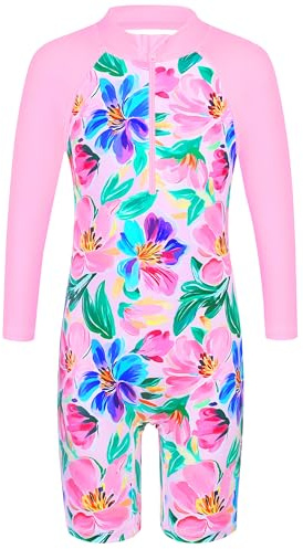 HUAANIUE Girls Long Sleeve Rash Guard Swimming Costume UPF50+ Quick Dry One Piece Kids Bathing Suit for Beach Pool Water Park Surfing 4-12 Years(PinkFlower,140/146)