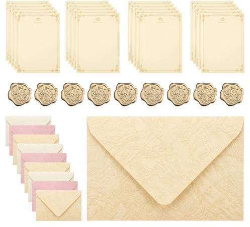 Set de Papier à Lettres et Enveloppes, 20 Feuilles A5 Vintage avec Motif Roses, 9 Enveloppes + 9 Cachets de Cire, pour Lettre d’Amour, Mariage, Anniversaire et Cartes de Vœux, Rose/Blanc/Jaune