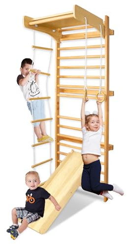 YEATHOR Swedish Ladder Wall Bars Wooden 6 in 1 Climbing Frame Includes Pull up Bar, Gymnastics Rings, Ladder, Slide/Climbing Board, Monkey Bars Play Gym for Adult & Kids, 100kg Capacity