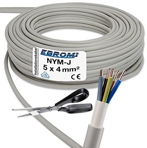 EBROM NYM-J 5x4 mm² Mantelleitung -viele Längen- Installationsleitung Installationskabel Feuchtraumkabel -grau- für die feste Verlegung in trockenen und feuchten Räumen 5x4 mm2, Ihre Länge: 30 Meter