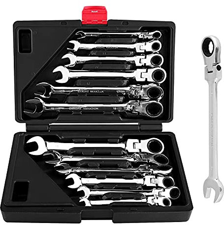 Ejoyous Lot de 12 Clés à Cliquet Mixtes en Acier au Chrome Vanadium, 8-19 mm, Tête Flexible, 72 Dents, pour Réparation Automobile, Mécanique, Bricolage