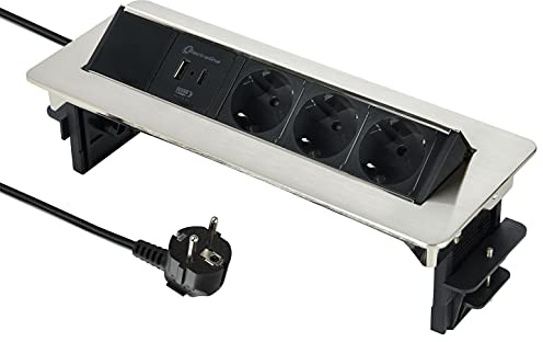 Electraline 62570 Presa retrattile da tavolo/scrivania, presa integrata, 3 prese Schuko, 2 USB 3.1A (1 tipo A 1 tipo C compatibile con le ultime tecnologie), 15,5 W, cavo da 2 m, sable