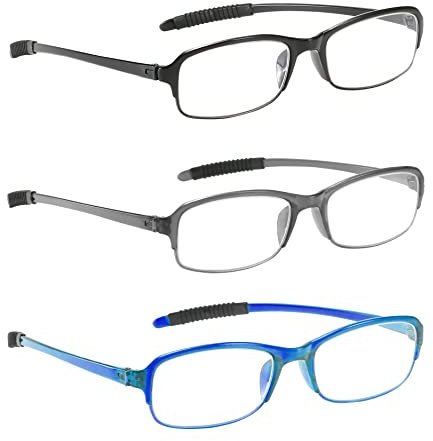 NRDIK PROFLEX SpareSpecs Reading Glasses (value 3 pack) - lightweight impact resistant, scratch resistant, bendy, flexible, anti-slip, unisex (mens + womens) (blue, black, grey; oval; +1.0)