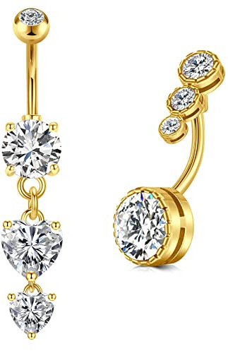VCMART 2pcs ombelico Piercing Oro 10 mm acciaio chirurgico ombelico Anelli con cuore diamante penzoloni Piercing Gioielli
