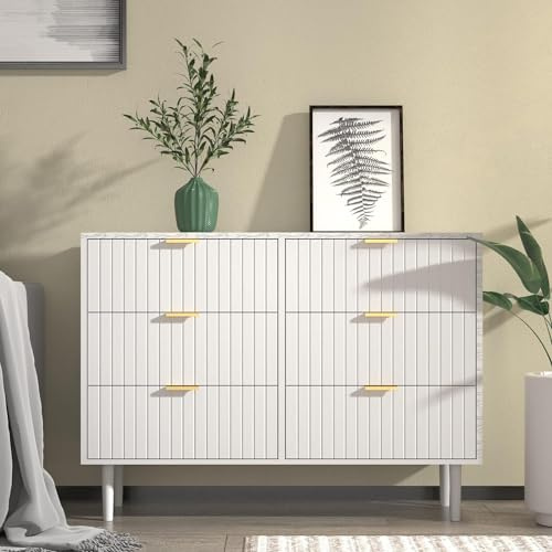UEV Cassettiera Bianca Camera da Letto, Comò 6 Cassetti con Motivi a Marmo, Mobile in Legno, Credenza per Soggiorno, Corridoio, Scandinavia, 34P x 100l x 75H cm