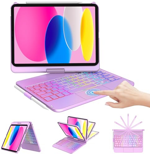 CC Store Coque Clavier pour iPad A16 11/10e Génération (11 2025/10.9 2022), Multi-Touch Trackpad & Rétroéclairage 7 Couleurs, Étui Rigide Rotatif à 360°, AZERTY, Violet