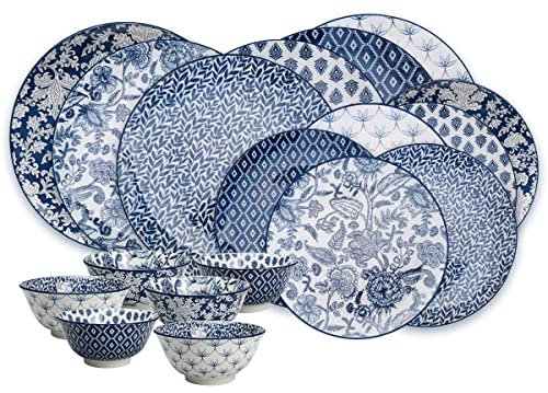 Ard'time - Service de Table Complet, Assiettes et Bols 18 Pièces pour 6 Personnes, Assortiment de Vaisselle, Service à Imprimés Colorés, Assiettes et Bols en Porcelaine, Collection MAJORELLE