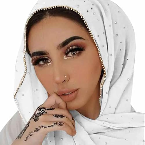 Piewag Hijab sciarpa da donna morbida chiffon strass musulmano hijab capo avvolgere sciarpe moda lunga sciarpa scialli, bianco, taglia unica