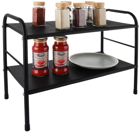 ASelected Expandable Under Sink Storage 2 Layers Under Sink Storage Kitchen Organiser with 8 Plates, Kitchen Bathroom Multifunctional Storage Shelf Length 52-82cm