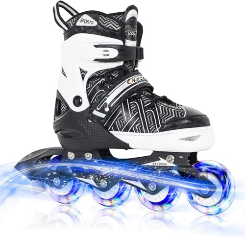 Nattork Adjustable Inline Skates for Kids Boys & Girls, Blue Black Red with Light up Wheels, Youth Blade Roller Skating for Beginners (Black&White, Small (27-31))