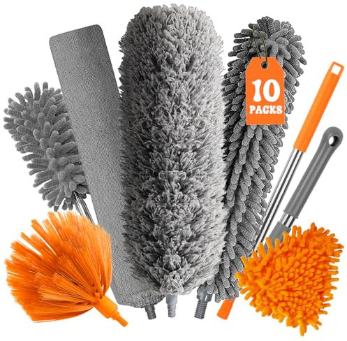 GIBOHOM 10 plumeros telescópicos, lavables, largos, extensibles hasta 255 cm, quitatelarañas con mango telescópico y ganchos, microfibra para huecos, mantas, telarañas
