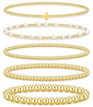 iF YOU Gold Cross Beaded Bracelets for Women, 14K Gold Plated Pearl Bead Bracelets Stack, Trendy Stackable Stretch Ball Bracelet Set Summer Beach Jewelry