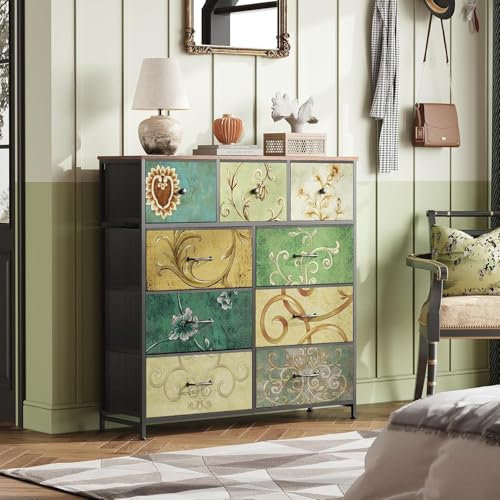 Sovrum byrå med 9 lådor, industriell design, med träbricka och retrolådor. Perfekt för barnbyrå, sovrumsskåp och industrimöbler i trä metall (9 lådor, 100 x 30 x 100 cm)