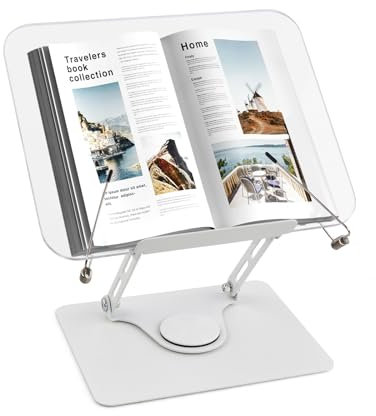 Supporto Libri da Lettura, Leggio per Libri in Acrilico con Base Girevole a 360° e Clip Elastiche, 4,4-39 cm Regolabile Porta Libro da Scrivania, Pieghevole Poggia Libro per Ricette Tablet Spartito