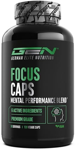 Focus Caps - 120 cápsulas - Mezcla para el rendimiento mental con L-teanina, té verde, guaraná, extracto de Citrus aurantium, cafeína, D-glucuronolactona - Alta dosis, vegano