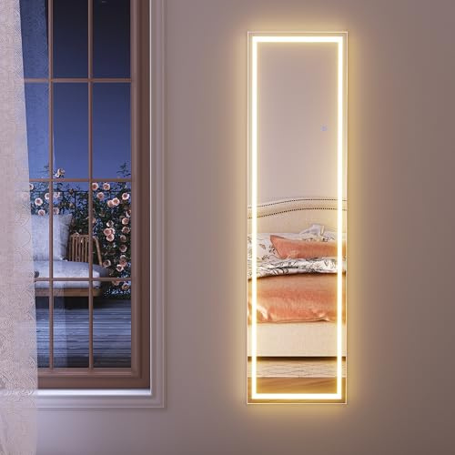 SONNI LED helkroppsspegel 150 x 40 cm, 3 färgljus + dimbar – vit aluminiumram, stående spegel med belysning för sovrum