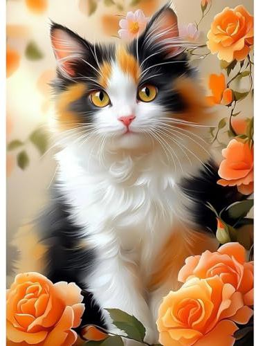 CEOVR Katt Diamond Painting Kit 30 x 40 cm DIY Diamant Kits, Diamantmålningssats Rose Orange och Katt Calico