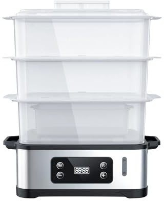 Ambiano Dampfgarer elektrisch Edelstahl TÜV/GS-Zeichen Dampfkocher mit 3 Ebenen inkl. Reisschale 1000 W Abschaltautomatik 12,0l BPA frei (Eckig)