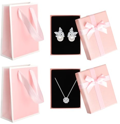 XRVRILE 2 scatole per gioielli con sacchetto regalo, 9 x 7 x 3 cm, per gioielli, confezione regalo, gioielli con fiocco per orecchini, collana, scatola regalo piccola con coperchio (rosa)