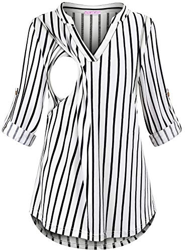 Joymom Latched Mama Nursing Tops, Moms Roll-Up Sleeve Petite Breastfeeding Blouse Pregnant Slimming Cozy Striped Long Sleeve Shirt Fit Postpartum Daily Wear Work Clothes S