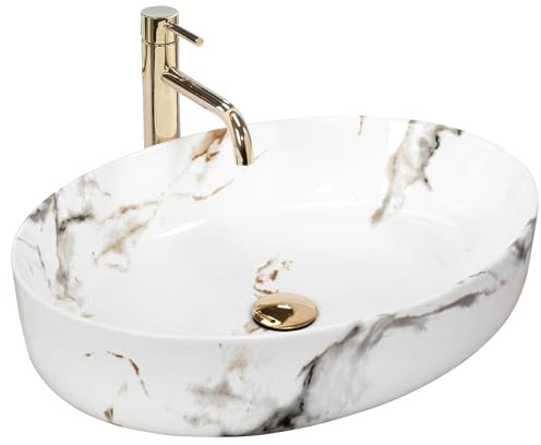 Rea VASQUE À POSER QUEEN CARRARA SHINY Lavabo Salle de Bain 550 x 415 x 140 mm en Céramique (Blanc, imitation de marbre)